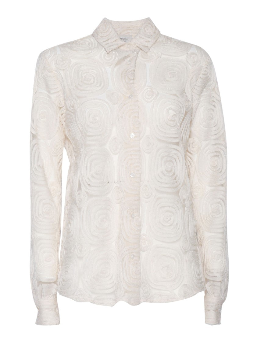Mazzarelli Camicie White Tulle Rose Embroidered Shirt