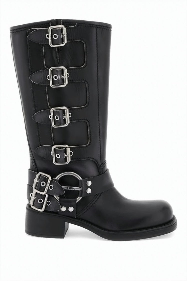 Miu Miu Mid-Calf Black Calf Leather Boots With Adjustable Buckles