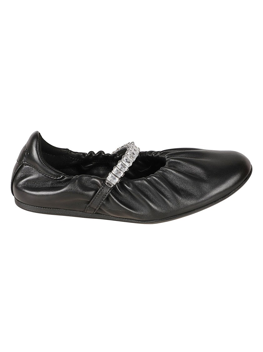 Jimmy Choo Black Leather Flats With Ruched Design And Crystal Embellishments