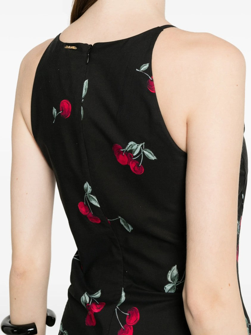 Twin-Set Black Fitted Midi Cherry Print Dress
