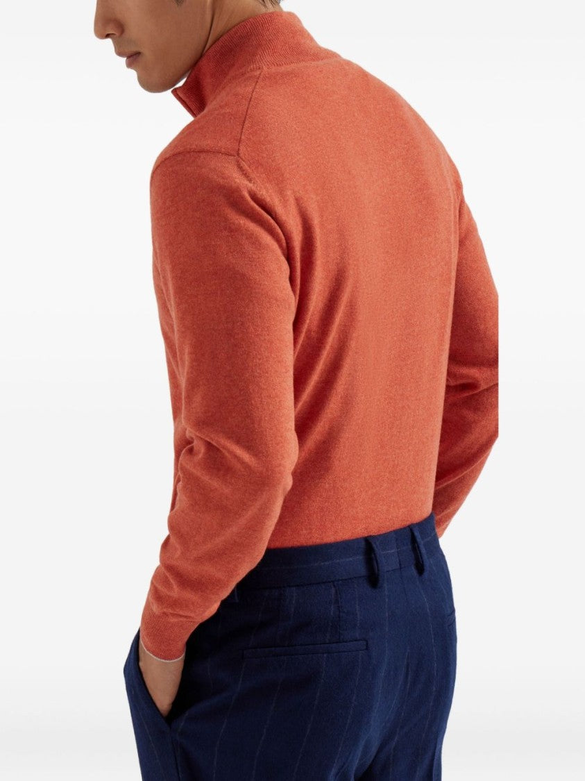 Brunello Cucinelli Ribbed Half-Zip Orange Sweater With High Collar