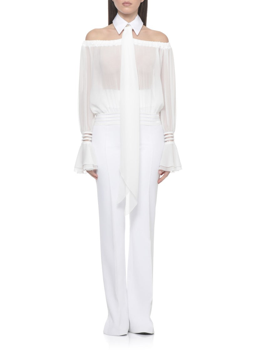 Elisabetta Franchi White Off-The-Shoulder Volant Blouse