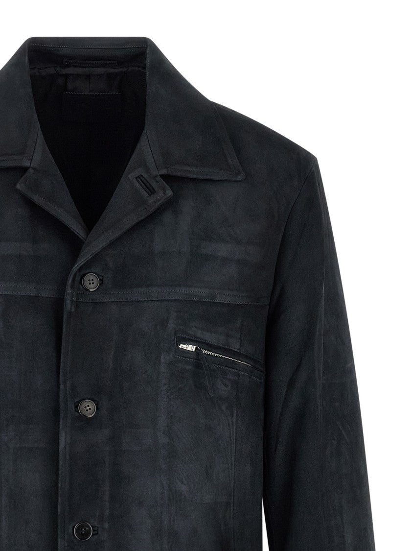 Prada Black Suede Jacket With Classic Shirt Collar