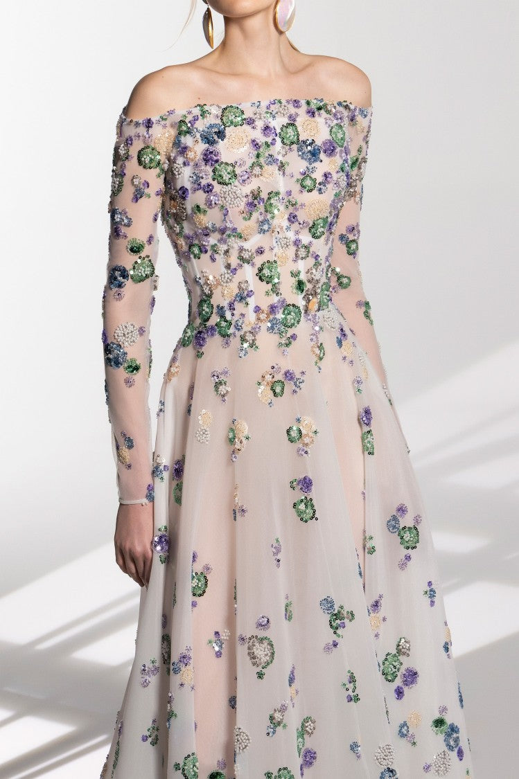 Saiid Kobeisy Multicolor Tulle Beaded Off-Shoulder Flared Long Dress