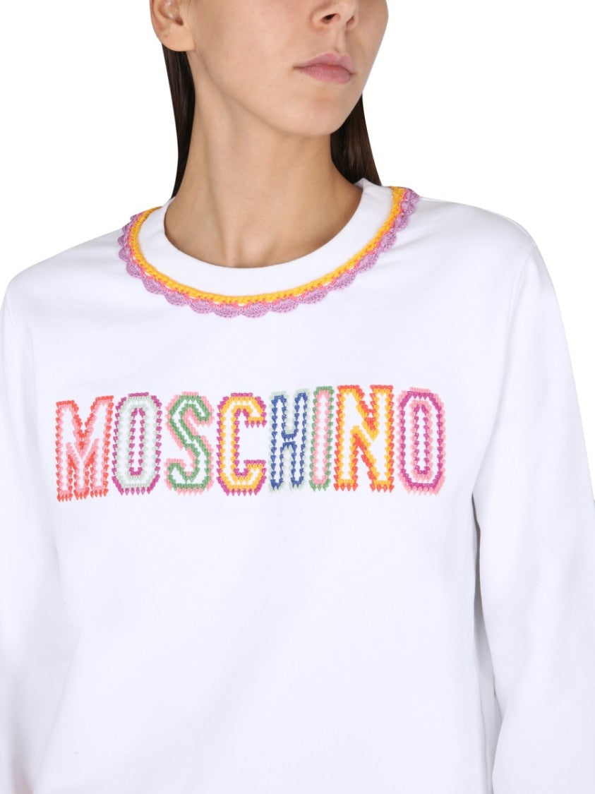 Moschino Crewneck Sweatshirt With Embroidered Logo And Scalloped Trim