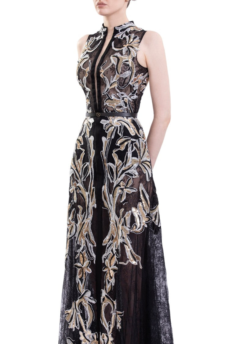 Saiid Kobeisy Jet-Black Lace Dress With Intricate Floral Embroidery