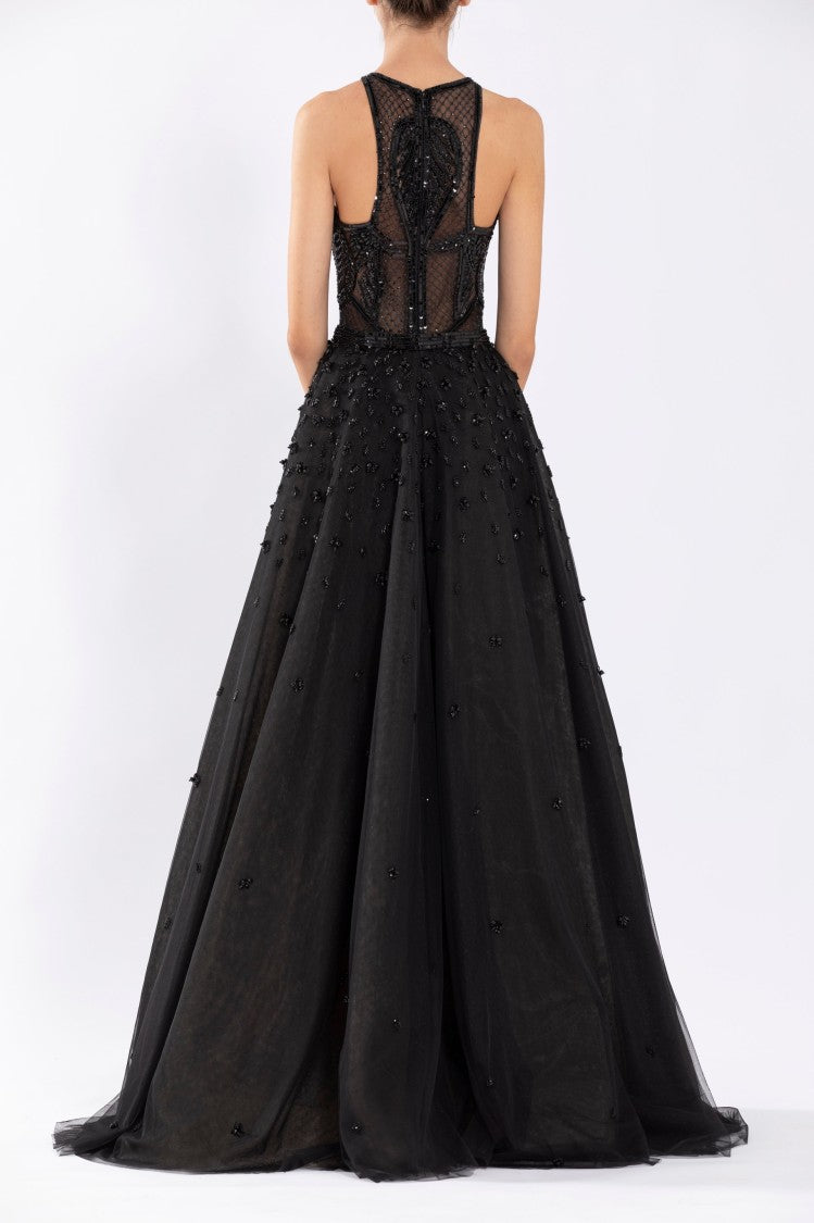 Saiid Kobeisy Tulle Beaded Dress With Halter Neckline