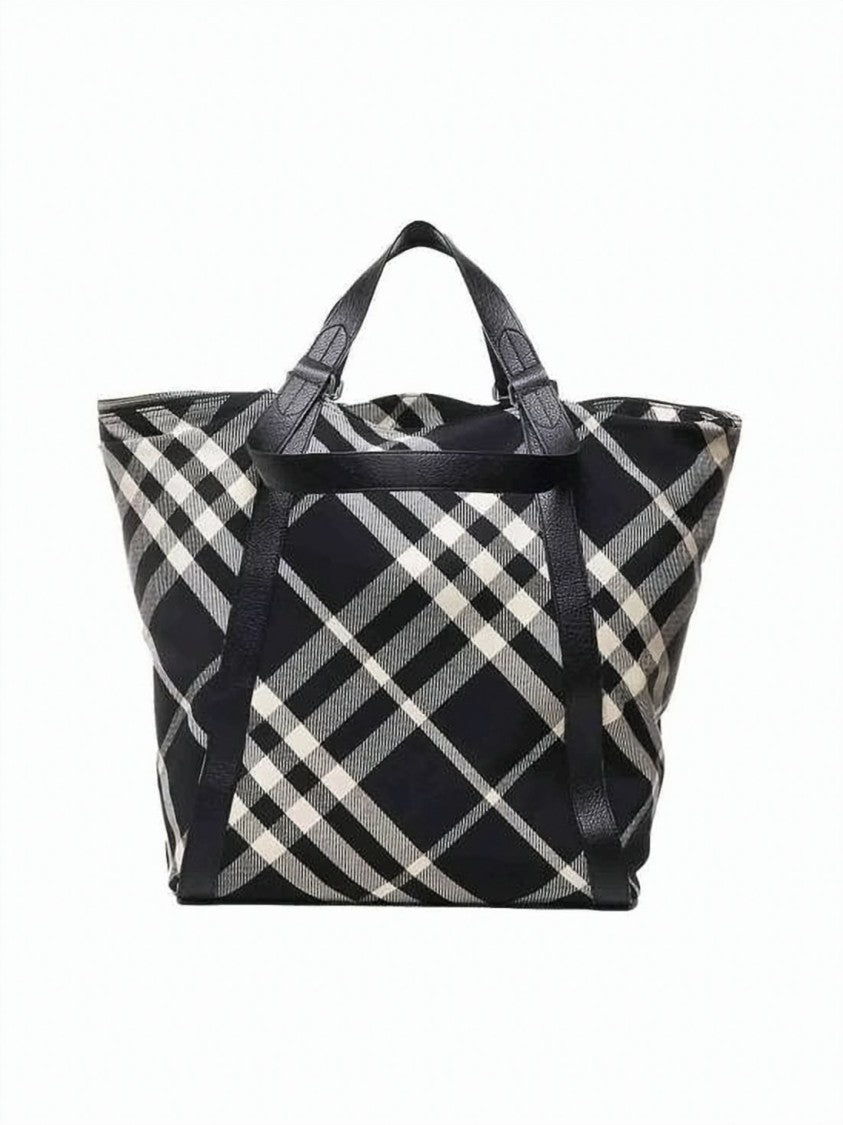 Burberry Spacious Checkered Tote Bag With Calf Leather Trim