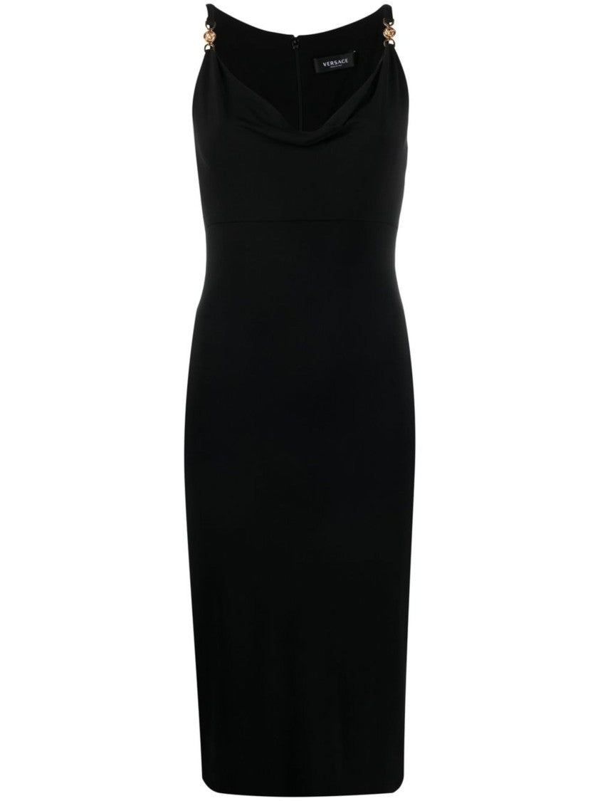 Versace Crepe Midi Dress With Draped Neckline And Medusa Straps