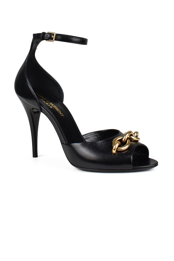 Saint Laurent Black Leather Sandals With Golden Chain Accents