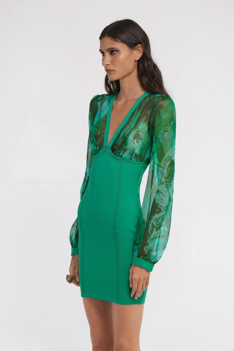 Roberto Cavalli Green Viscose-Blend Marble-Print Bodycon Dress