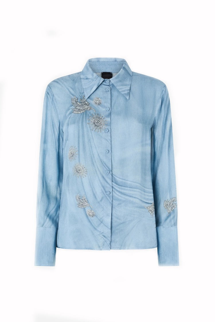 Pinko Blue Crystal Floral Embroidery Viscose Satin Shirt
