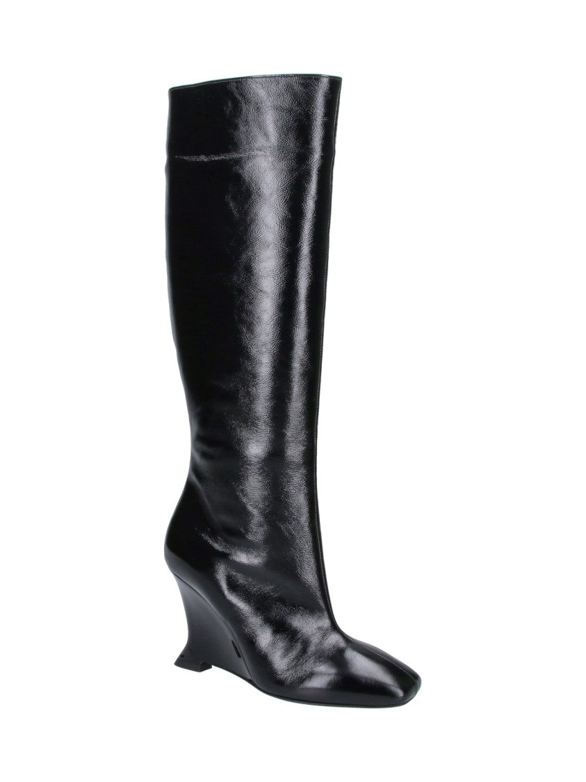 Balmain Black Leather Angled Wedge Heel Boots