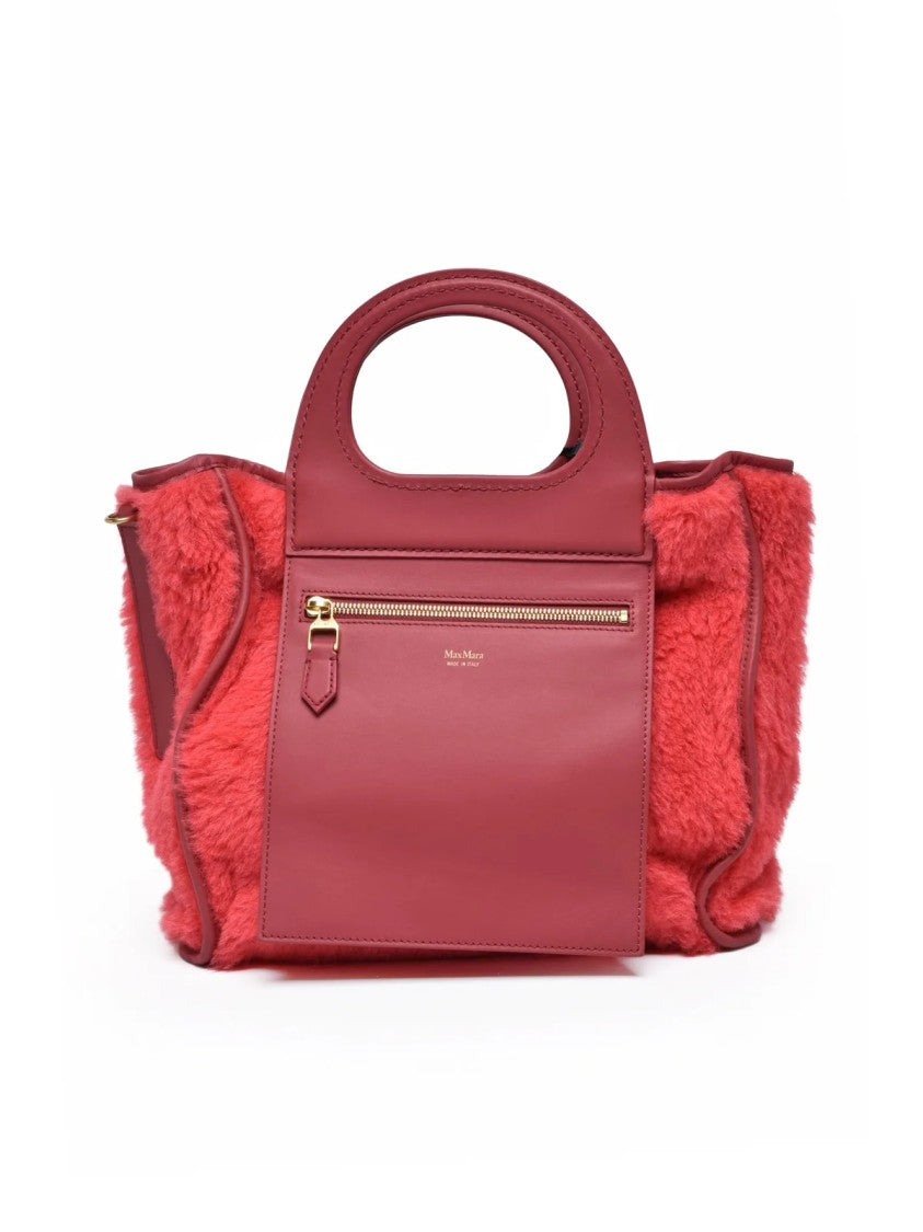 Max Mara Structured Red Leather Shoulder Bag With Plush Shearling Detailing