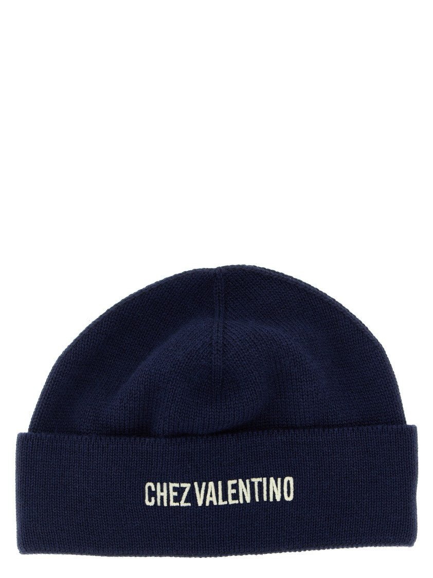 Valentino Garavani Contrast Embroidered Blue Beanie