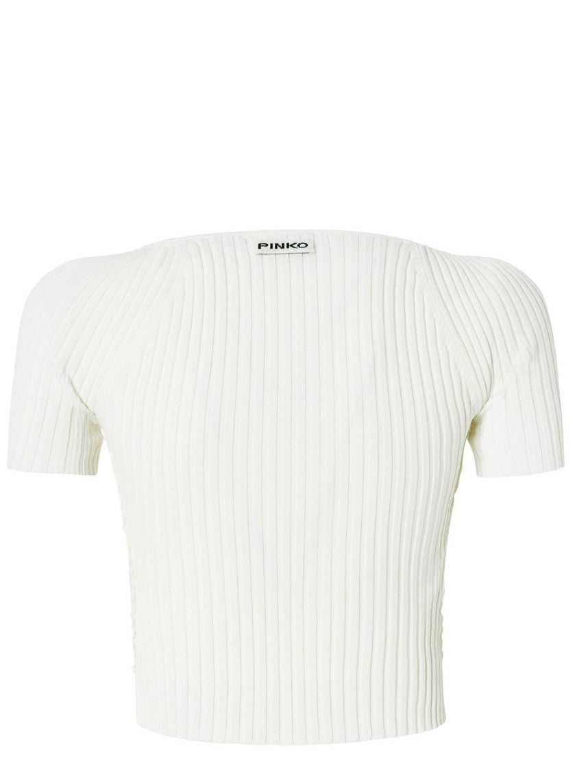 Pinko Cropped White Ribbed Viscose Blend T-Shirt