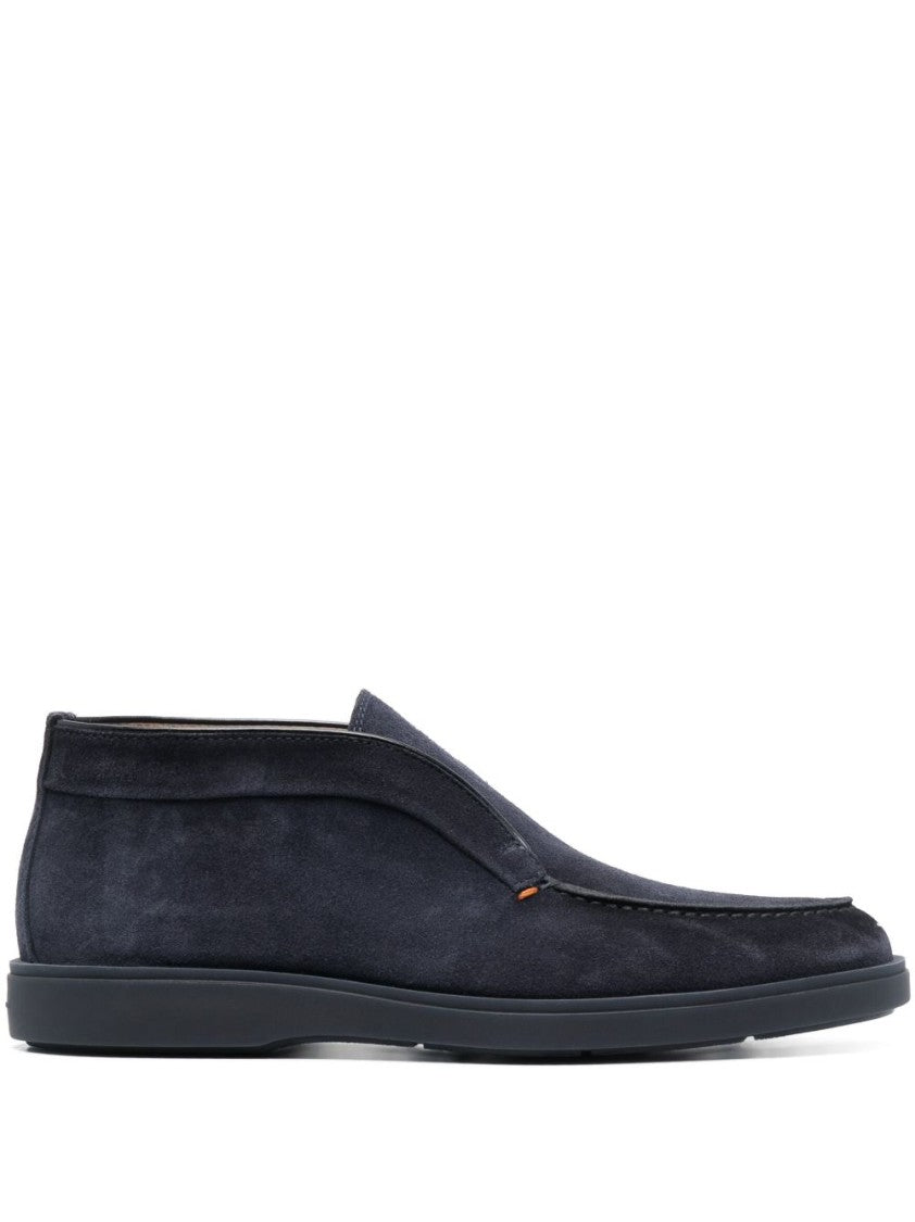 Santoni Midnight Blue Calf Suede Slip-On Shoes With Branded Insole
