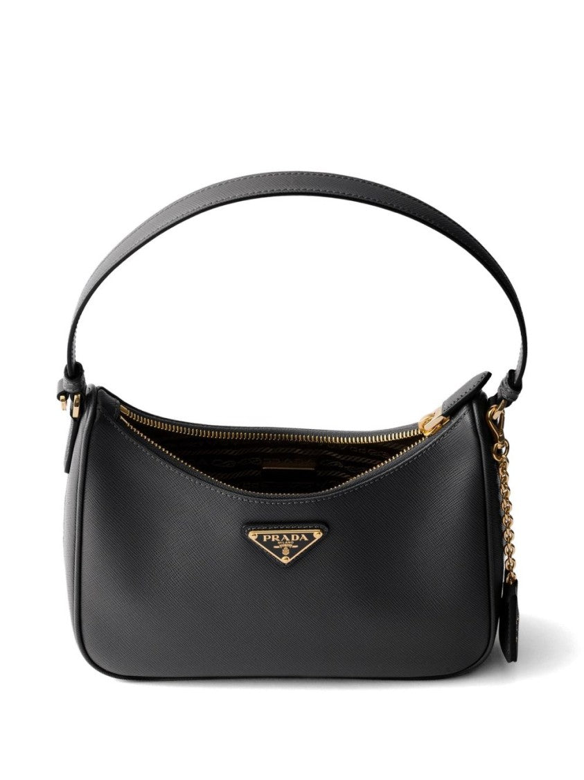 Prada Structured Black Calf Leather Handbag With Gold Accents