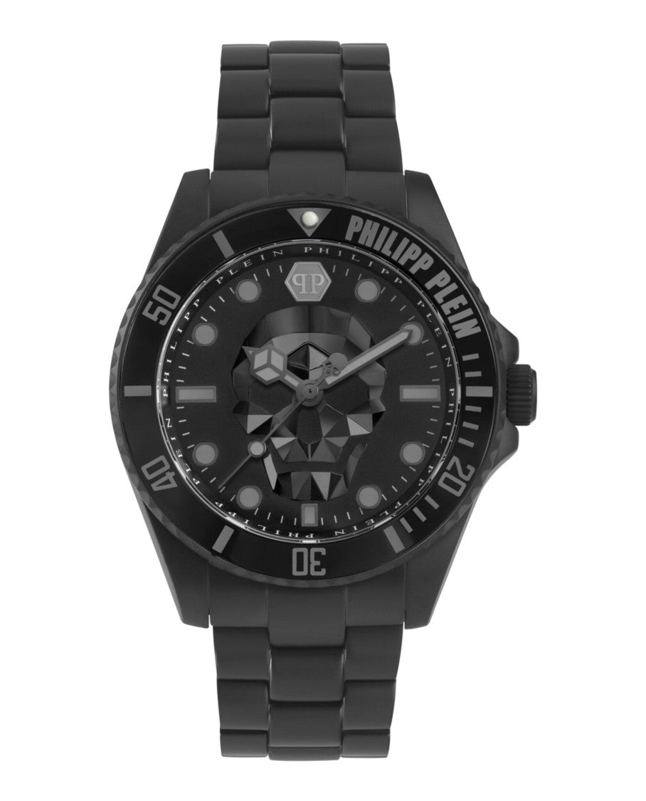 Philipp Plein Bold Skull Motif Diver Bracelet Watch With Textured Dial