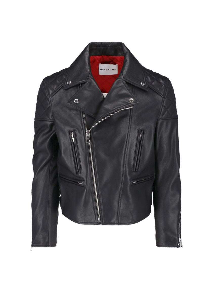 Givenchy Cropped Black Leather Jacket With Asymmetrical Zipper