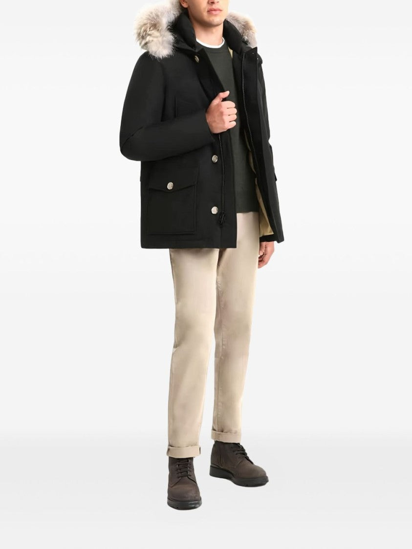 Woolrich Insulated Black Parka With Beige Fur Trim