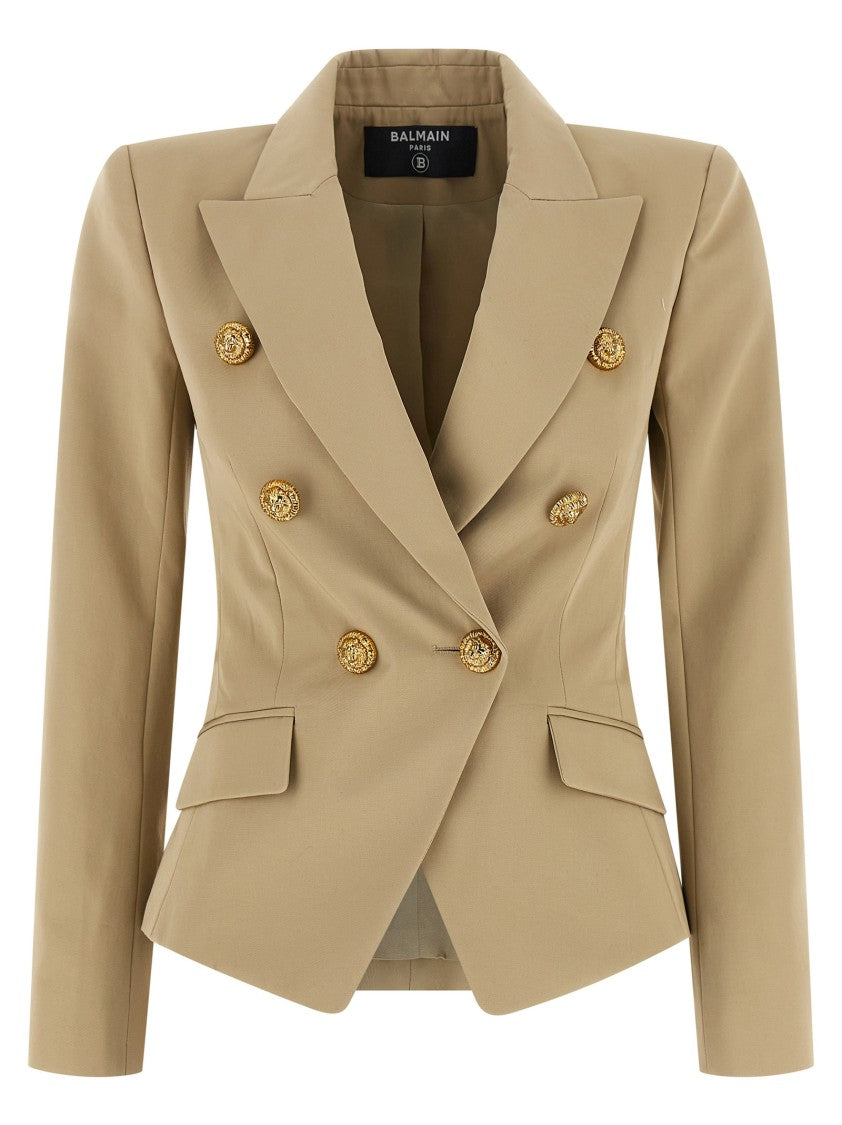 Balmain Brown Double-Breasted Cotton Gabardine Blazer With Lion Head Buttons