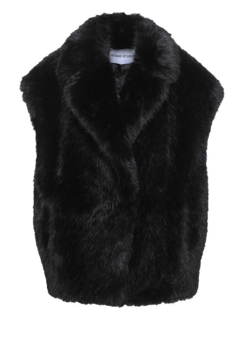 Stand Studio Plush Faux Fur Sleeveless Jacket With Classic Lapel Collar