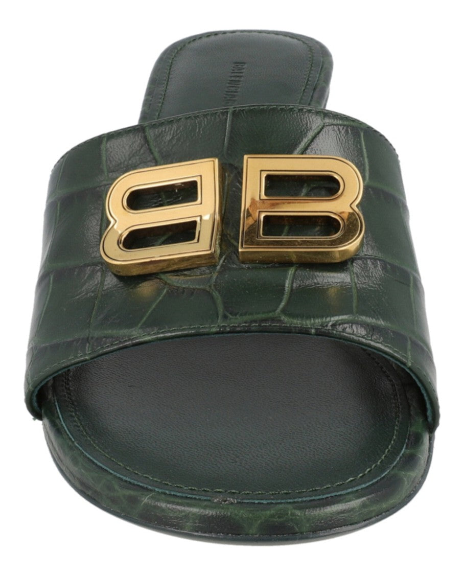 Balenciaga Croc-Embossed Green Mules With Trumpet Heel And Gold-Tone Logo