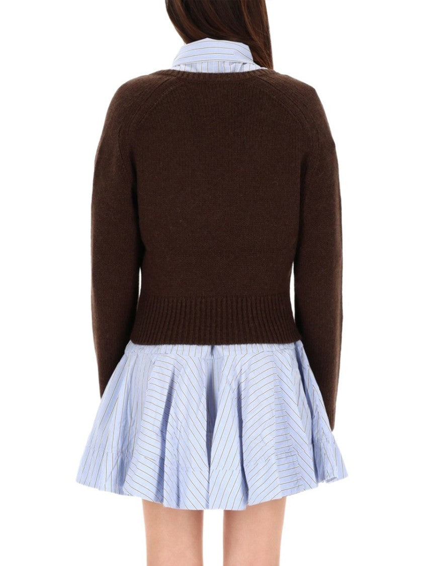 Ganni Cropped V-Neck Sweater In Rich Brown Wool