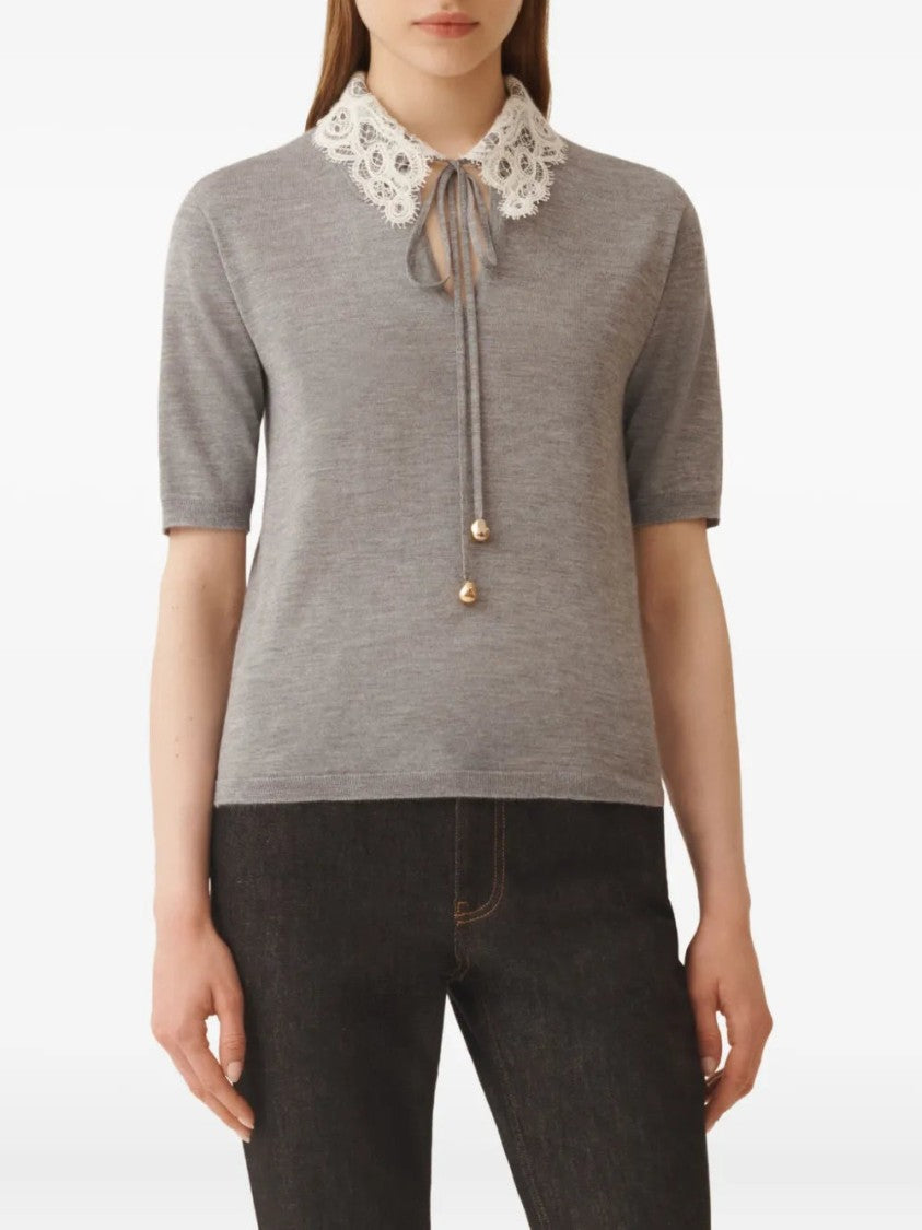 Fabiana Filippi Lace-Collar Short-Sleeved Top