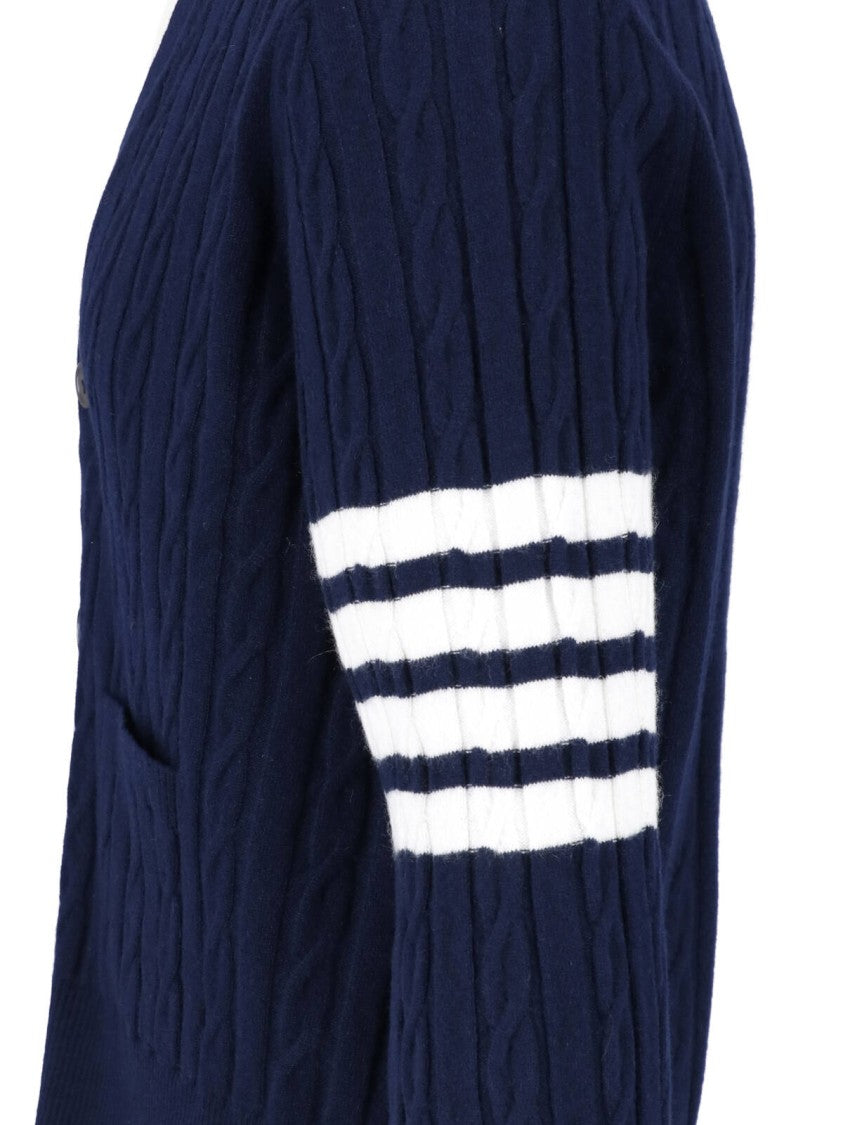 Thom Browne Blue 4-Bar Cable-Knit Cashmere V-Neck Cardigan