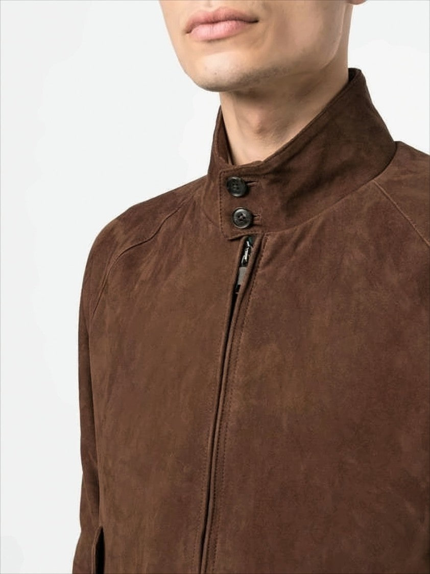 Baracuta Brown Suede Leather Bomber Jacket With Classic Details
