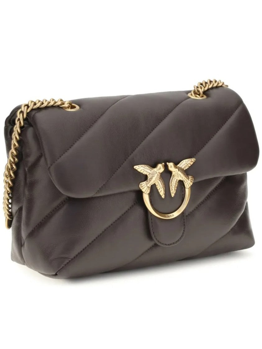 Pinko Quilted Brown Leather Shoulder Bag With Gold-Tone Bird Clasp