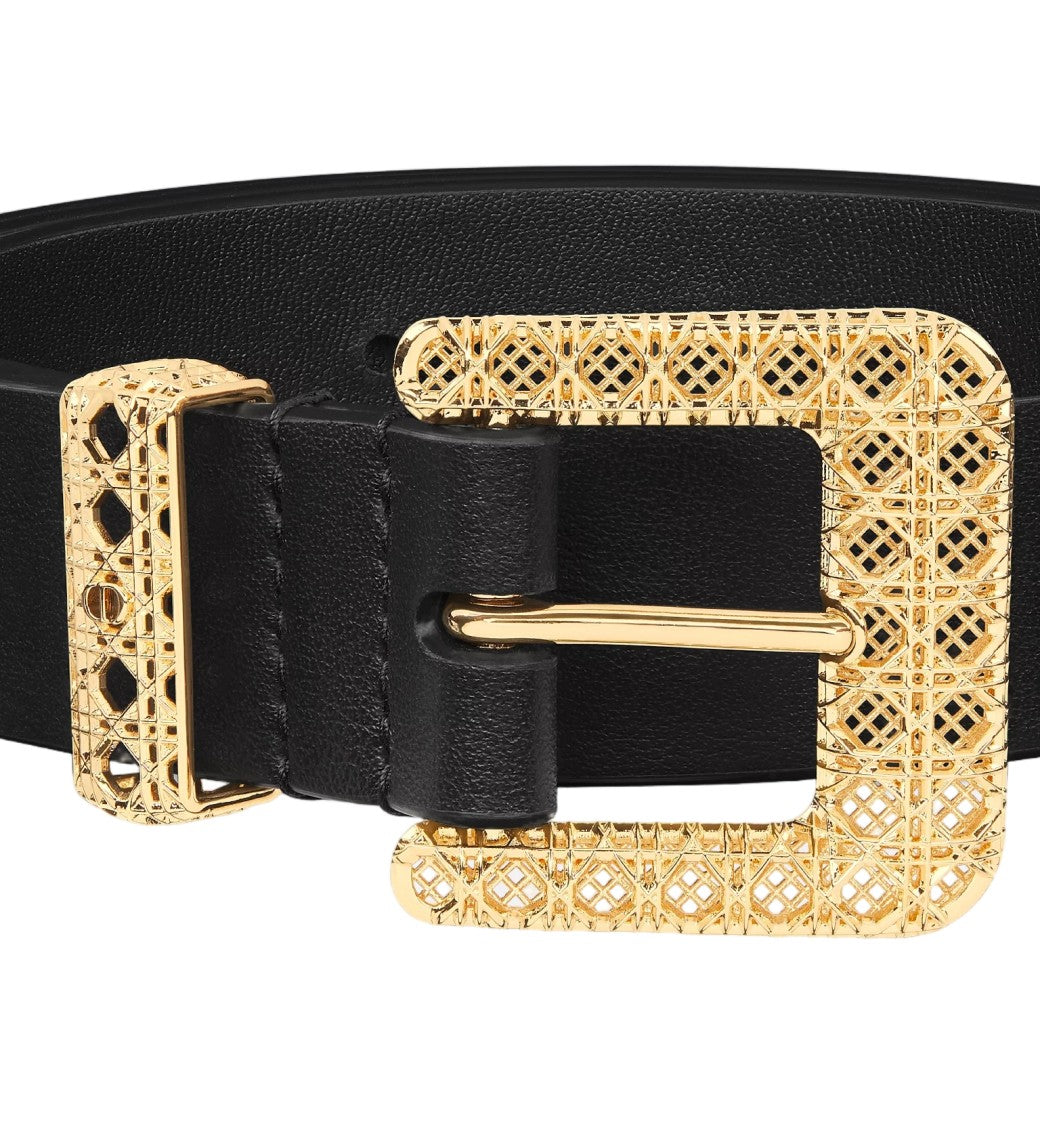 Christian Dior Signature Black Leather Intricate Buckle Belt