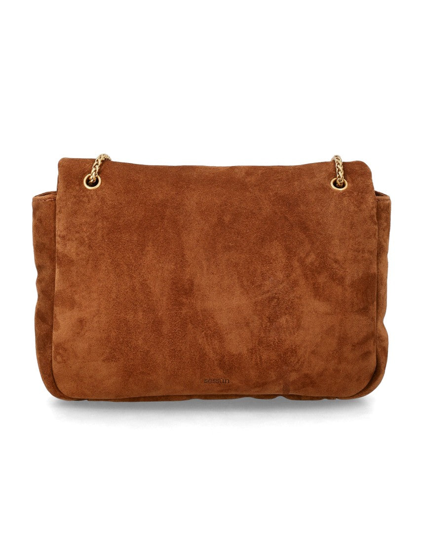 Sessùn Warm Brown Suede Handbag With Curved Gold Accent