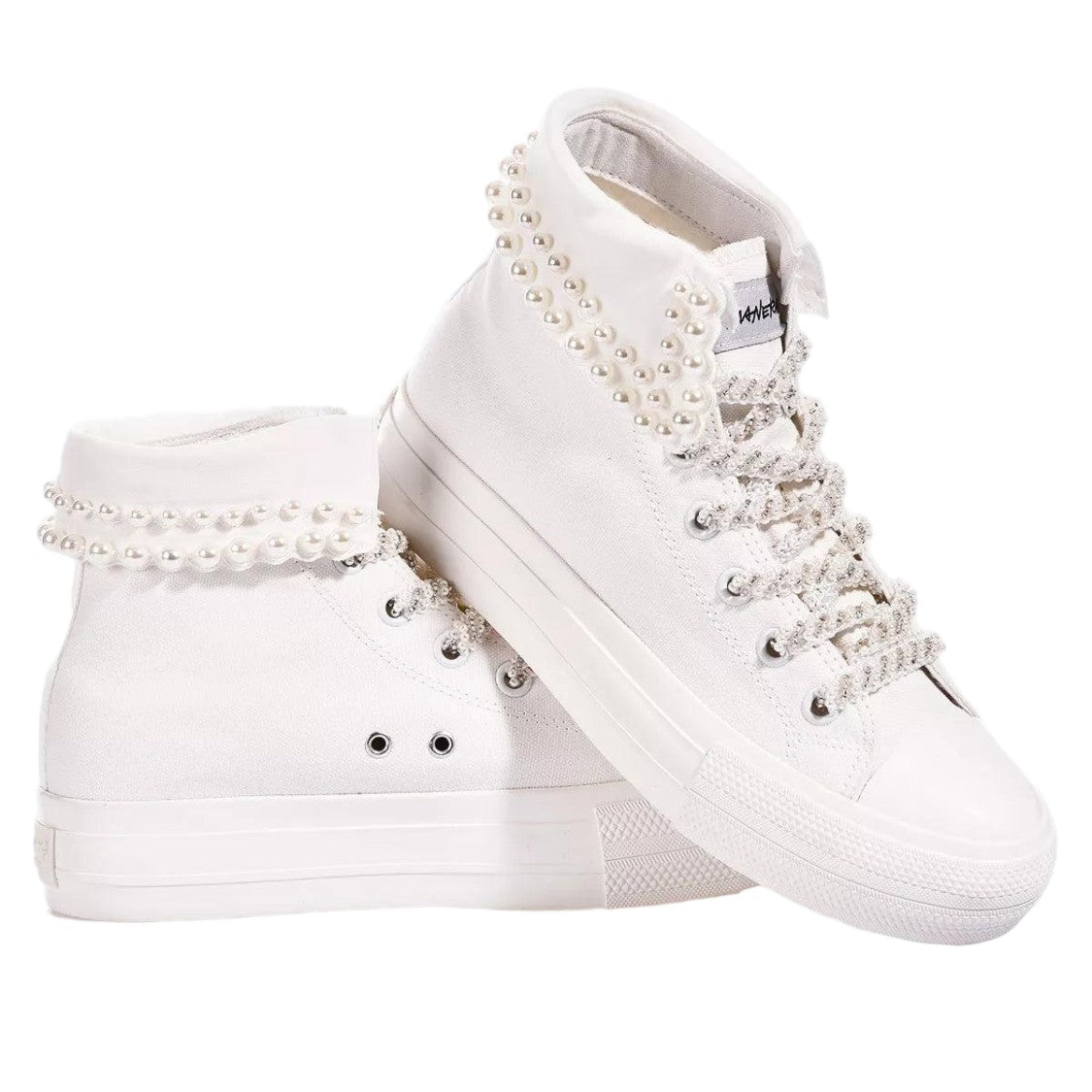 Mimanera White High-Top Sneakers With Pearl Embellishments