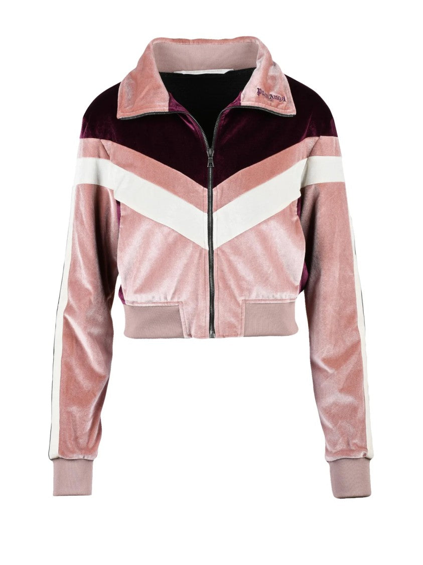 Palm Angels Cropped Velvet Sweatshirt With Chevron Pattern And Zip-Up Front