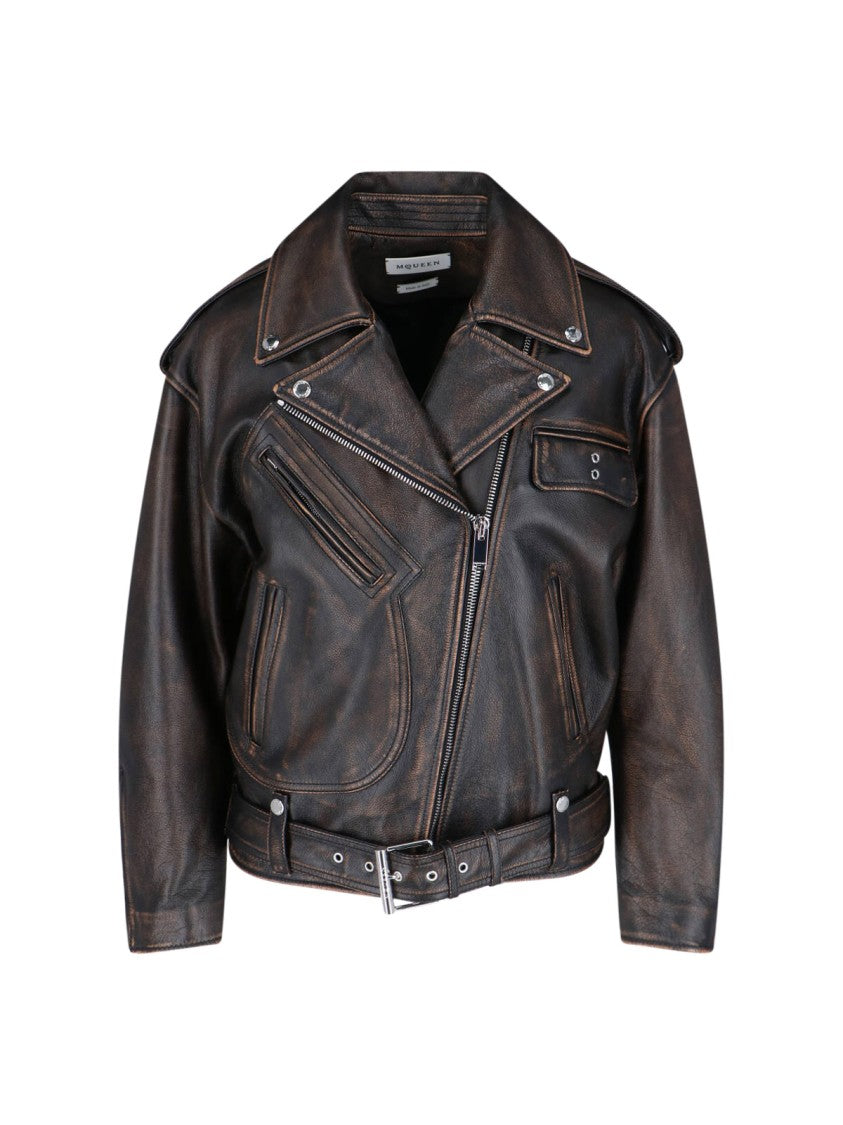 Alexander Mcqueen Brown Leather Zip Jacket With Asymmetrical Closure