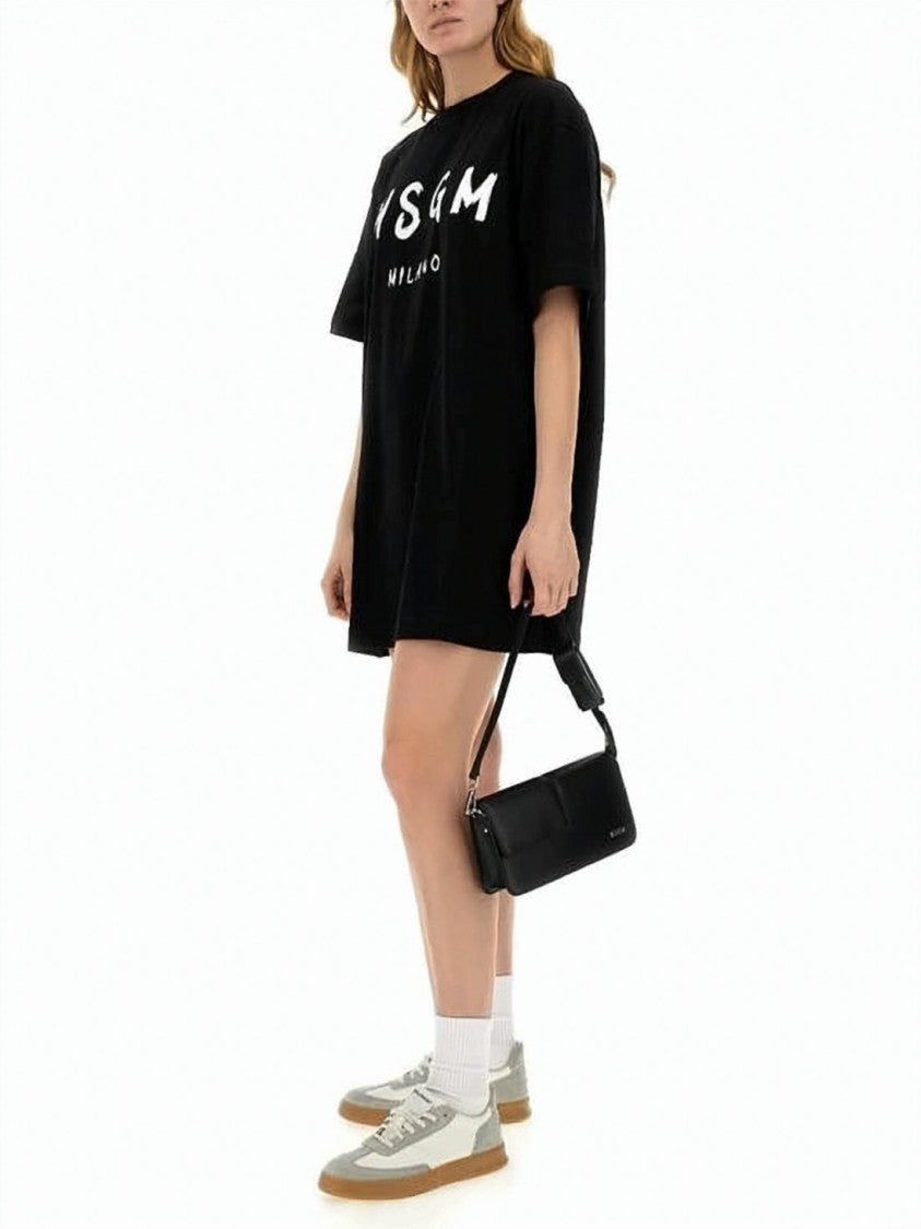 Msgm Oversized Black Mini Dress With Brushstroke Lettering