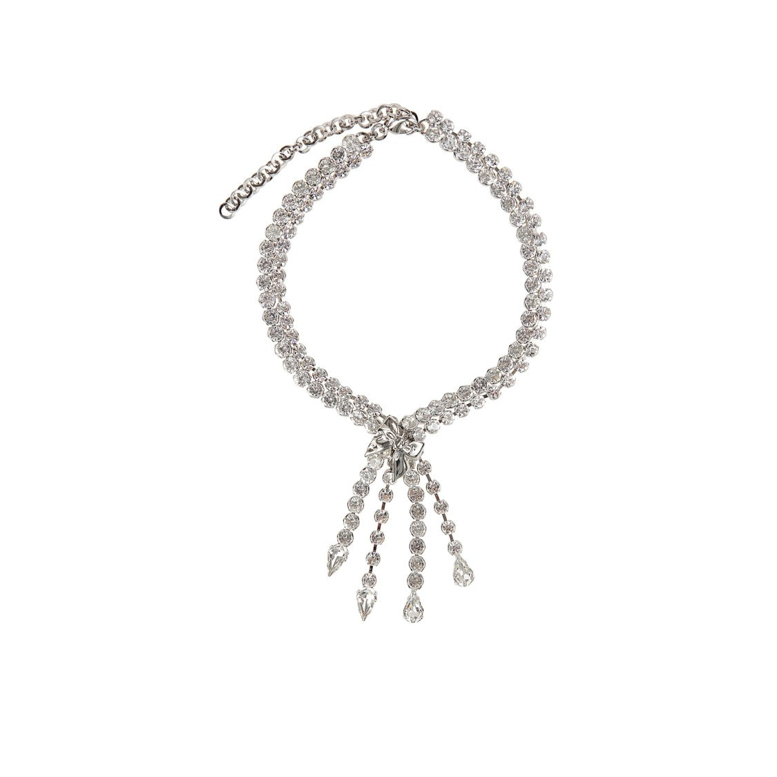 Alessandra Rich Crystal Necklace With Bow Centerpiece And Cascading Fringes