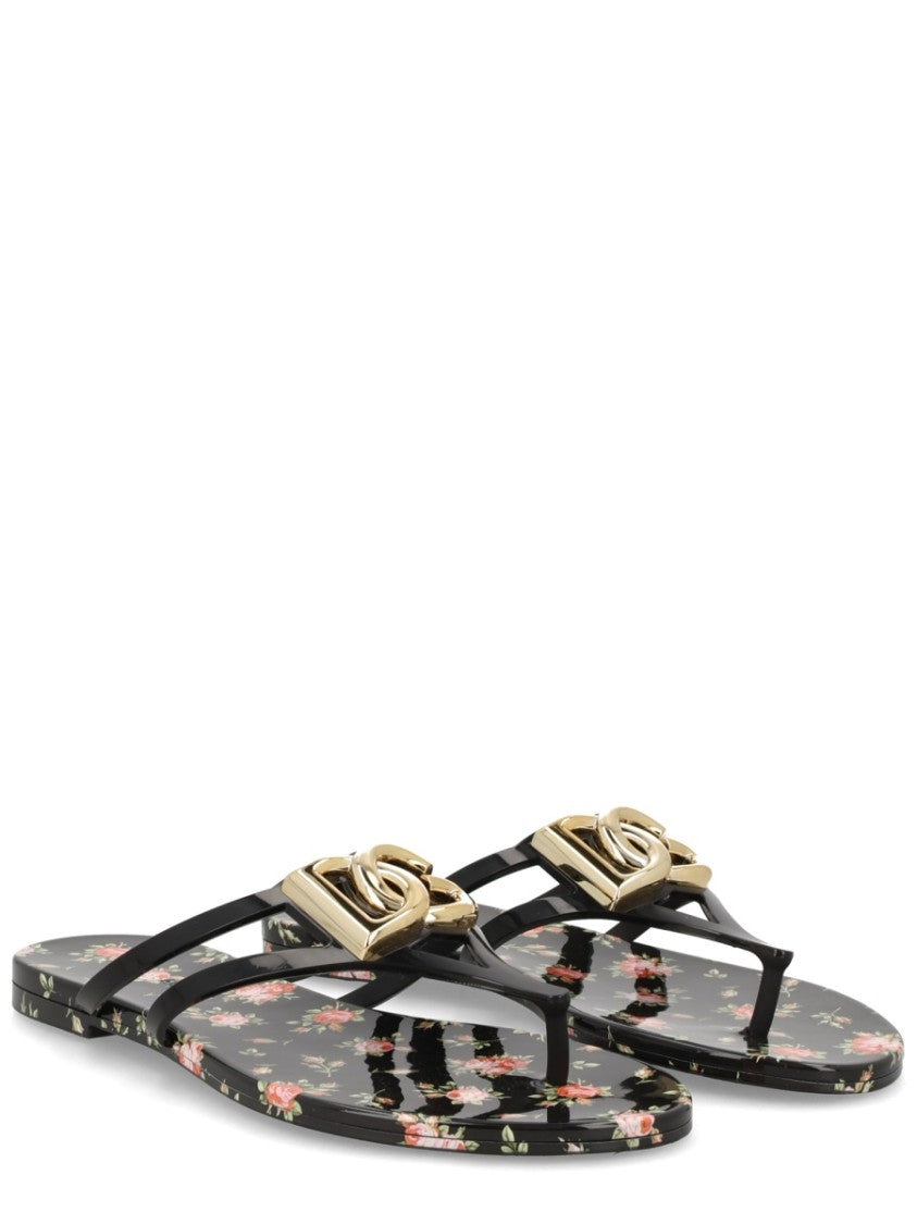 Dolce & Gabbana Black Floral Print Plaque Strap Tpu Sandals