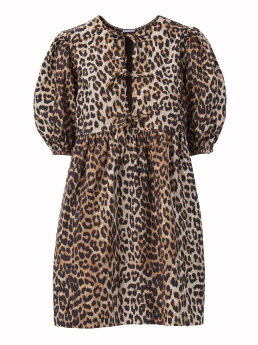 Ganni Leopard Print Voluminous Puff Sleeves Mini Dress