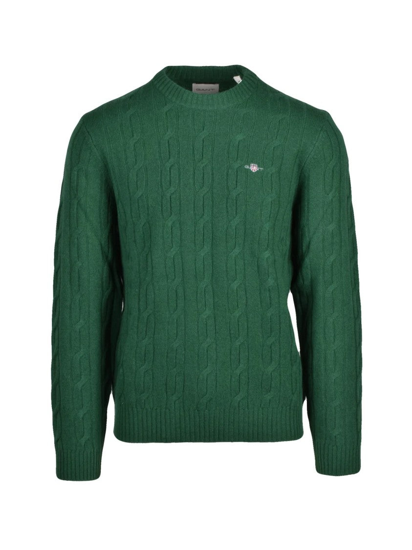 Gant Textured Cable Knit Crewneck Pullover In Forest Green Wool