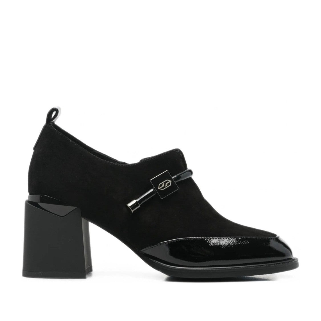 Linda Baumann Black Mid-Height Block Heel Glossy Accent Suede Dress Pumps