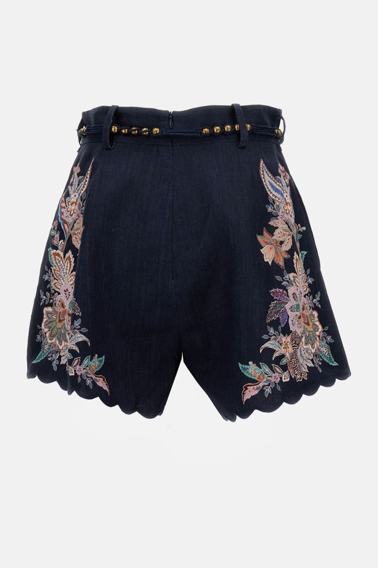 Zimmermann Pleated Floral-Print Shorts With Scalloped Hem And Rope Waist Belt