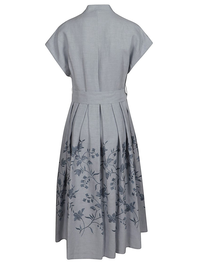 Eleventy Mid-Length Linen Dress With Mandarin Collar And Pleated Skirt
