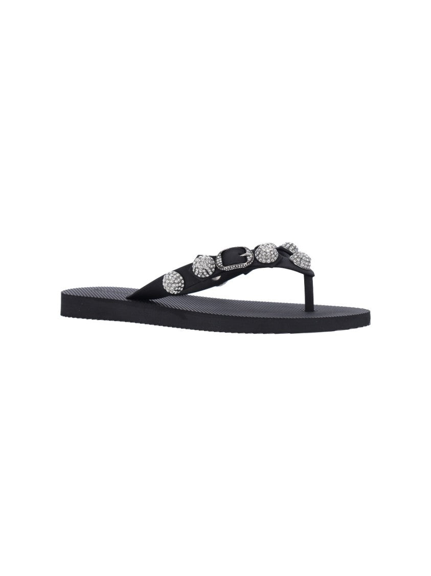 Balenciaga "Cagole" Stud And Rhinestone Flip-Flop Sandals – Black