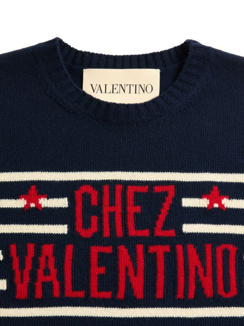 Valentino Garavani Navy Blue Stripe Pattern Crew Neck Valentino Sweater