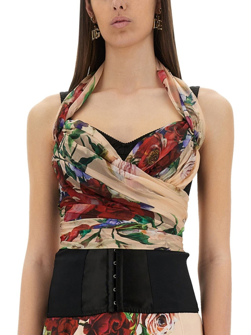 Dolce & Gabbana Floral Print Marquisette And Chiffon Bustier Top
