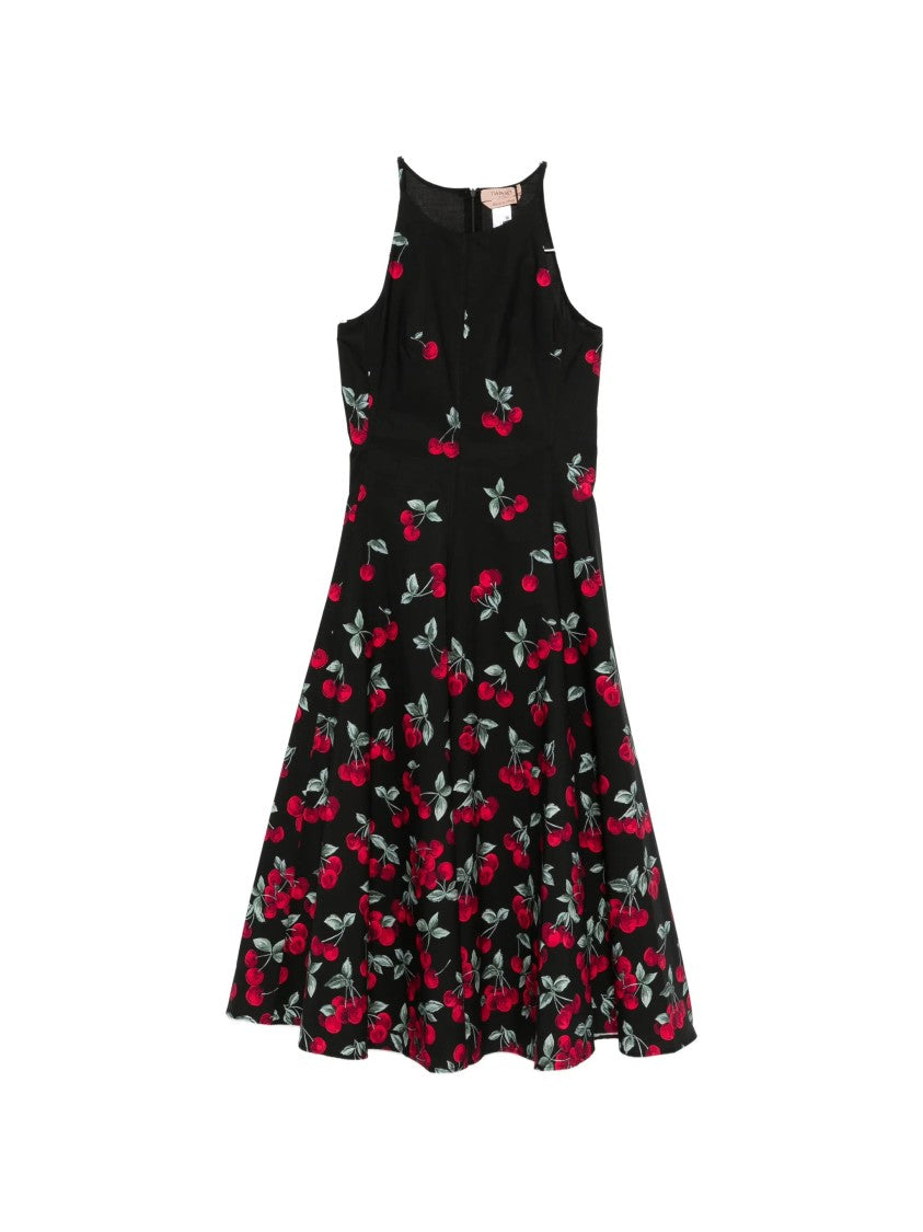 Twin-Set Black Fitted Midi Cherry Print Dress